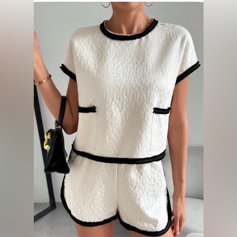 White Tweed Two-Piece Set with Black Trim